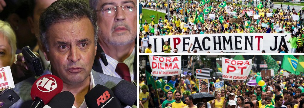 Presidente do PSDB, senador Aécio Neves (MG), disse que participará das manifestações marcadas para o próximo domingo 13 e acredita que elas podem ajudar na saída da presidente Dilma Rousseff; até então, o tucano só havia convocado os brasileiros a participarem dos atos, mas não havia confirmado presença; "A saída para nós se dará sempre por meio daquilo que prevê a Constituição, mas eu antecipo que essa manifestação do dia 13 pode ser um indutor muito importante para buscarmos, em beneficio dos brasileiros, uma saída para esse impasse no qual o PT nos mergulhou"; Aécio é citado por três delatores da Operação Lava Jato, como alguém que recebeu propina (Foto: Gisele Federicce) www.brasil247.com - Presidente do PSDB, senador Aécio Neves (MG), disse que participará das manifestações marcadas para o próximo domingo 13 e acredita que elas podem ajudar na saída da presidente Dilma Rousseff; até então, o tucano só havia convocado os brasileiros a participarem dos atos, mas não havia confirmado presença; "A saída para nós se dará sempre por meio daquilo que prevê a Constituição, mas eu antecipo que essa manifestação do dia 13 pode ser um indutor muito importante para buscarmos, em beneficio dos brasileiros, uma saída para esse impasse no qual o PT nos mergulhou"; Aécio é citado por três delatores da Operação Lava Jato, como alguém que recebeu propina