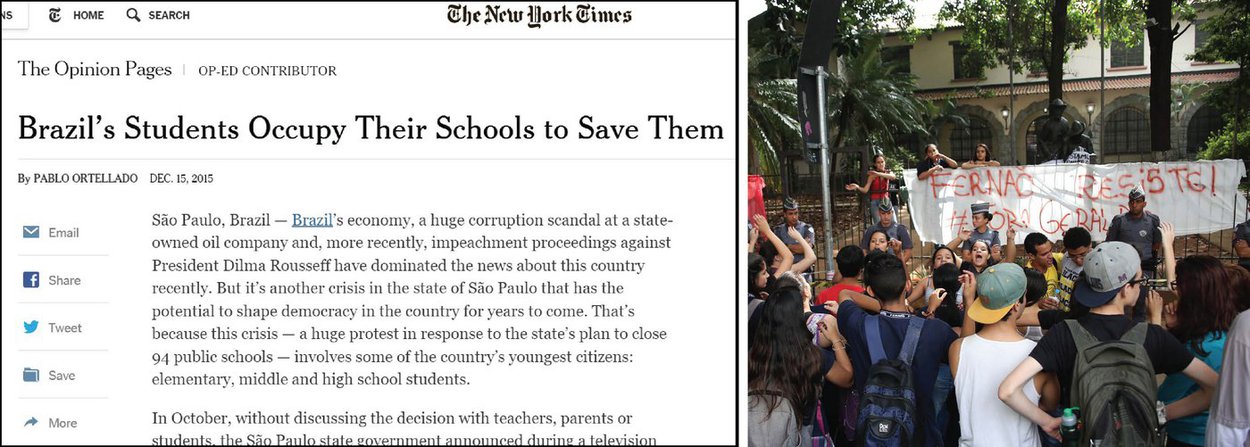 Editorial publicado nesta terça-feira, 15, pelo jornal norte-americano The New York Times elogiou o movimento de estudantes paulistas que ocuparam mais de 200 escolas contra a proposta de "reorganização" do governador Geraldo Alckmin (PSDB) que fecharia 93 escolas e afetaria mais de 300 mil alunos; em vez de negociar, conta o editorial, o governo paulista tentou tirar os alunos das escolas à força; "Infelizmente, este procedimento arrogante em relação às demandas da sociedade civil é característico de uma nova geração de funcionários públicos brasileiros'', critica; para o jornal americano, os estudantes de São Paulo têm potencial de mudar a democracia do país (Foto: Aquiles Lins) Editorial publicado nesta terça-feira, 15, pelo jornal norte-americano The New York Times elogiou o movimento de estudantes paulistas que ocuparam mais de 200 escolas contra a proposta de "reorganização" do governador Geraldo Alckmin (PSDB) que fecharia 93 escolas e afetaria mais de 300 mil alunos; em vez de negociar, conta o editorial, o governo paulista tentou tirar os alunos das escolas à força; "Infelizmente, este procedimento arrogante em relação às demandas da sociedade civil é característico de uma nova geração de funcionários públicos brasileiros'', critica; para o jornal americano, os estudantes de São Paulo têm potencial de mudar a democracia do país