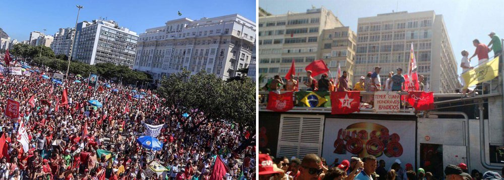 Centenas de pessoas se reúnem, neste domingo (17), no bairro de Copacabana, zona sul do Rio, para protestar contra o impeachment da presidente Dilma; no Facebook consta a hashtag #FunkPelaDemocracia. "A favela ta aqui em Copacabana pra gritar que #NãoVaitergolpe"; em vídeo, o cantor de rap Flávio Renegado já havia convocado, pelas redes sociais, a população a fazer uma manifestação contra o golpe; "O morro vai descer em peso. Não ao golpe!"; mais de 20 funkeiros se revezaram com representantes de movimentos sociais, artistas e magistrados no palco montado no bairro (Foto: Leonardo Lucena) Centenas de pessoas se reúnem, neste domingo (17), no bairro de Copacabana, zona sul do Rio, para protestar contra o impeachment da presidente Dilma; no Facebook consta a hashtag #FunkPelaDemocracia. "A favela ta aqui em Copacabana pra gritar que #NãoVaitergolpe"; em vídeo, o cantor de rap Flávio Renegado já havia convocado, pelas redes sociais, a população a fazer uma manifestação contra o golpe; "O morro vai descer em peso. Não ao golpe!"; mais de 20 funkeiros se revezaram com representantes de movimentos sociais, artistas e magistrados no palco montado no bairro