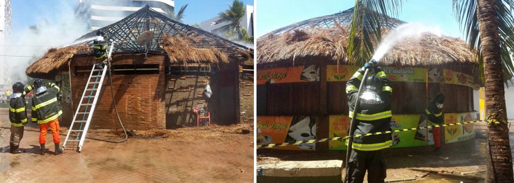 Um incêndio de pequenas proporções destruiu o telhado de palha de uma barraca que comercializa tapioca, em Maceió, na orla de Pajuçara; segundo testemunhas, o fogo teria sido iniciado depois que uma criança, que estava na Festa de Iemanjá, soltou um rojão; no total, foram deslocadas até o local do incêndio três viaturas, mais o veículo de resgate; quinze militares do Corpo de Bombeiros atuaram no controle das chamas. (Foto: Voney Malta) Um incêndio de pequenas proporções destruiu o telhado de palha de uma barraca que comercializa tapioca, em Maceió, na orla de Pajuçara; segundo testemunhas, o fogo teria sido iniciado depois que uma criança, que estava na Festa de Iemanjá, soltou um rojão; no total, foram deslocadas até o local do incêndio três viaturas, mais o veículo de resgate; quinze militares do Corpo de Bombeiros atuaram no controle das chamas.