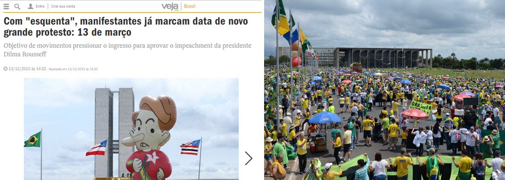 O fiasco das manifestações deste 13 de dezembro foi retratado pela revista Veja como um "esquenta" para "um novo grande protesto"; novas manifestações estão marcadas para 13 de março, mas até lá é possível que Eduardo Cunha (PMDB-RJ) já tenha sido afastado e que o golpe tenha ido para o vinagre (Foto: Leonardo Attuch) O fiasco das manifestações deste 13 de dezembro foi retratado pela revista Veja como um "esquenta" para "um novo grande protesto"; novas manifestações estão marcadas para 13 de março, mas até lá é possível que Eduardo Cunha (PMDB-RJ) já tenha sido afastado e que o golpe tenha ido para o vinagre