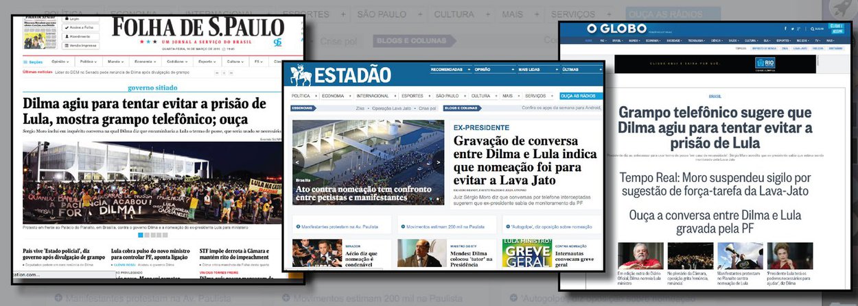 Assim como atuaram juntos em 1964, engajados no golpe contra João Goulart, os jornais Folha, Globo e Estado abraçam a mesma narrativa: a de que a presidente Dilma Rousseff teria tentado obstruir a Justiça, ao nomear o ex-presidente Lula ministro da Casa Civil; nesta quarta-feira, o juiz Sergio Moro grampeou uma conversa entre Dilma e Lula e a tornou pública; nela, ambos tratam da nomeação do ex-presidente (Foto: Leonardo Attuch) Assim como atuaram juntos em 1964, engajados no golpe contra João Goulart, os jornais Folha, Globo e Estado abraçam a mesma narrativa: a de que a presidente Dilma Rousseff teria tentado obstruir a Justiça, ao nomear o ex-presidente Lula ministro da Casa Civil; nesta quarta-feira, o juiz Sergio Moro grampeou uma conversa entre Dilma e Lula e a tornou pública; nela, ambos tratam da nomeação do ex-presidente