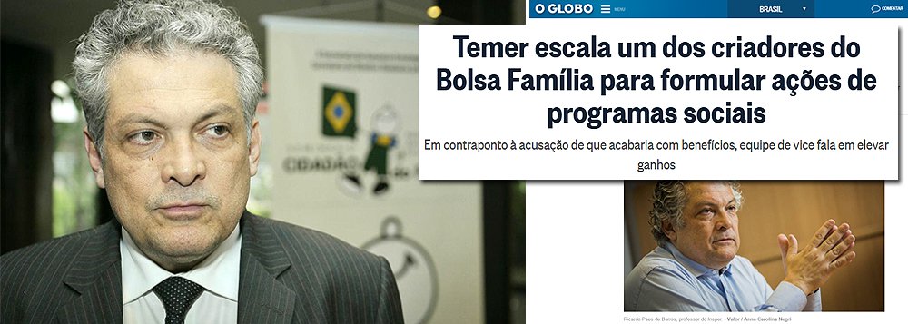 A colunista do 247, Tereza Cruvinel, desmonta a farsa da reportagem de O Globo que anuncia que "Temer escala criador do Bolsa Família para ações sociais"; "Quando se abre a matéria, a mentira é relativizada: “Temer escala um dos criadores do Bolsa Família para formular ações de programas sociais”. A matéria se refere ao economista Ricardo Paes de Barros, que fez estudos sobre os programas sociais da era petista, mas não foi criador nem parceiro na criação de nenhum dos programas sociais das gestões Lula e Dilma", pondera a jornalista; ela destaca declaração da economista e professora da UFRJ Lena Lavinas que afirma que "chamar Paes de Barros de criador ou de "um dos criadores" de tudo isso é um verdadeiro estelionato intelectual" (Foto: Tereza Cruvinel) A colunista do 247, Tereza Cruvinel, desmonta a farsa da reportagem de O Globo que anuncia que "Temer escala criador do Bolsa Família para ações sociais"; "Quando se abre a matéria, a mentira é relativizada: “Temer escala um dos criadores do Bolsa Família para formular ações de programas sociais”. A matéria se refere ao economista Ricardo Paes de Barros, que fez estudos sobre os programas sociais da era petista, mas não foi criador nem parceiro na criação de nenhum dos programas sociais das gestões Lula e Dilma", pondera a jornalista; ela destaca declaração da economista e professora da UFRJ Lena Lavinas que afirma que "chamar Paes de Barros de criador ou de "um dos criadores" de tudo isso é um verdadeiro estelionato intelectual"