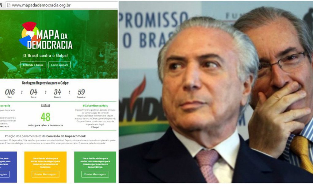 Defensores do Estado de Direito lançaram site para denunciar deputados que flertam com o golpe ao concordarem com a deposição da presidente Dilma Rousseff; no endereço www.mapadademocracia.org.br há cronômetro que faz a contagem regressiva para o golpe na Câmara; no Plenário, o golpe está previsto entre 14 e 19 de abril; site permite envio mensagens aos parlamentares; "Impeachment só pode ser aplicado em caso de comprovação de crime de responsabilidade e Dilma não é sequer acusada de um. A Câmara, presidida pelo réu Eduardo Cunha, conduz um processo de impeachment ilegal. É Golpe!", diz página (Foto: Realle Palazzo-Martini) Defensores do Estado de Direito lançaram site para denunciar deputados que flertam com o golpe ao concordarem com a deposição da presidente Dilma Rousseff; no endereço www.mapadademocracia.org.br há cronômetro que faz a contagem regressiva para o golpe na Câmara; no Plenário, o golpe está previsto entre 14 e 19 de abril; site permite envio mensagens aos parlamentares; "Impeachment só pode ser aplicado em caso de comprovação de crime de responsabilidade e Dilma não é sequer acusada de um. A Câmara, presidida pelo réu Eduardo Cunha, conduz um processo de impeachment ilegal. É Golpe!", diz página