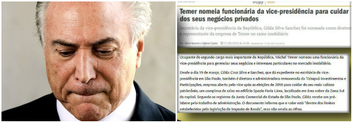 Jornalista Fernando Brito, do Tijolaço, lembra que, em 2010, o vice-presidente Michel Temer abriu uma empresa de negócios imobiliários, "a Tabapuã Empreendimentos e Participações, da qual detém 99,999%, com um pequeno capital de R$ 10 mil. Em tese voltada apenas para receber os aluguéis de 20 salas de um prédio no Itaim Bibi cinco meses depois elevado para R$ 2,2 milhões passando a dedicar-se à “incorporação de empreendimentos imobiliários"; o blogueiro diz, ainda, que", segundo registros da Junta Comercial de São Paulo", Temer contratou, para a empresa, uma funcionária "paga pelo Estado e designada quando já estava ele no Palácio do Jaburu" (Foto: Leonardo Lucena) Jornalista Fernando Brito, do Tijolaço, lembra que, em 2010, o vice-presidente Michel Temer abriu uma empresa de negócios imobiliários, "a Tabapuã Empreendimentos e Participações, da qual detém 99,999%, com um pequeno capital de R$ 10 mil. Em tese voltada apenas para receber os aluguéis de 20 salas de um prédio no Itaim Bibi cinco meses depois elevado para R$ 2,2 milhões passando a dedicar-se à “incorporação de empreendimentos imobiliários"; o blogueiro diz, ainda, que", segundo registros da Junta Comercial de São Paulo", Temer contratou, para a empresa, uma funcionária "paga pelo Estado e designada quando já estava ele no Palácio do Jaburu"