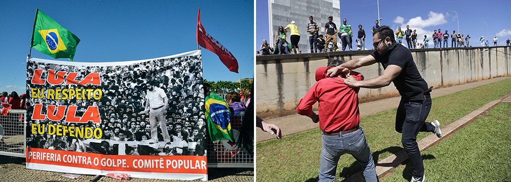 Vestidos de vermelho e portando bandeiras de apoio ao PT, centenas de manifestantes favoráveis ao governo da presidenta Dilma e à posse do ex-presidente Lula como ministro da Casa Civil se reúnem em frente ao Palácio do Planalto; um grupo contrário ao governo e ao partido também começou a se reunir logo cedo em frente ao Congresso Nacional; grupos pró e contra o governo Dilam entraram em confronto; a PM usou spray de pimenta; um representante de cada grupo foi detido por policiais e levados para a 5ª Delegacia de Polícia (área central); manifestantes furaram bloqueio; clima ficou tenso (Foto: Leonardo Lucena) Vestidos de vermelho e portando bandeiras de apoio ao PT, centenas de manifestantes favoráveis ao governo da presidenta Dilma e à posse do ex-presidente Lula como ministro da Casa Civil se reúnem em frente ao Palácio do Planalto; um grupo contrário ao governo e ao partido também começou a se reunir logo cedo em frente ao Congresso Nacional; grupos pró e contra o governo Dilam entraram em confronto; a PM usou spray de pimenta; um representante de cada grupo foi detido por policiais e levados para a 5ª Delegacia de Polícia (área central); manifestantes furaram bloqueio; clima ficou tenso
