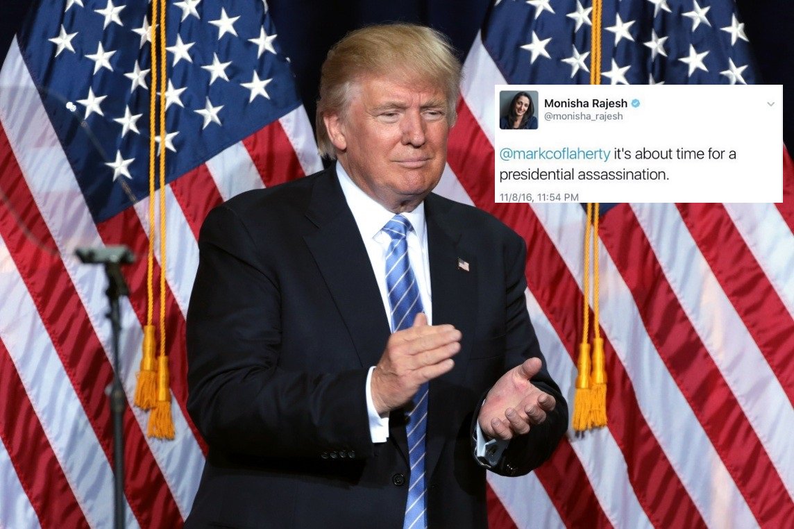 Uma jornalista que escreve para o jornal The Guardian pediu um "assassinato presidencial" nos EUA através do Twitter – e em seguida deletou sua conta na rede social; "Está na hora de um assassinato presidencial", disse Monisha Rajesh em tweet ao colega jornalista Mark C. O'Flaherty; O'Flaherty respondeu: "haaaa — é tudo de que falamos durante a última hora"; Rajesh é uma jornalista freelance que contribui para o The Guardian e que já escreveu para outros grandes jornais do Reino Unido, bem como para o New York Times; O'Flaherty escreve para o Financial Times, o Sunday Times e outras publicações; ameaçar o presidente é um crime nos Estados Unidos (Foto: Valter Lima) Uma jornalista que escreve para o jornal The Guardian pediu um "assassinato presidencial" nos EUA através do Twitter – e em seguida deletou sua conta na rede social; "Está na hora de um assassinato presidencial", disse Monisha Rajesh em tweet ao colega jornalista Mark C. O'Flaherty; O'Flaherty respondeu: "haaaa — é tudo de que falamos durante a última hora"; Rajesh é uma jornalista freelance que contribui para o The Guardian e que já escreveu para outros grandes jornais do Reino Unido, bem como para o New York Times; O'Flaherty escreve para o Financial Times, o Sunday Times e outras publicações; ameaçar o presidente é um crime nos Estados Unidos