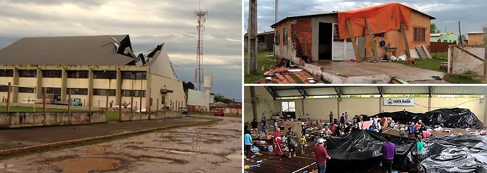 Com uma ventania de 130 quilômetros por hora (km/h), o temporal que atingiu parte do Rio Grande do Sul entre a noite desta quarta-feira (14) e a madrugada desta quinta (15) destruiu 899 casas em Santa Maria, na Região Central do estado; o vento forte também arrancou o telhado do ginásio de doações, onde estavam mais de 10 toneladas de agasalhos e cobertas. As doações tiveram que ser levadas rapidamente para outro local; segundo o governo estadual, já são 95 o número de cidades atingidas (Foto: Leonardo Lucena) Com uma ventania de 130 quilômetros por hora (km/h), o temporal que atingiu parte do Rio Grande do Sul entre a noite desta quarta-feira (14) e a madrugada desta quinta (15) destruiu 899 casas em Santa Maria, na Região Central do estado; o vento forte também arrancou o telhado do ginásio de doações, onde estavam mais de 10 toneladas de agasalhos e cobertas. As doações tiveram que ser levadas rapidamente para outro local; segundo o governo estadual, já são 95 o número de cidades atingidas