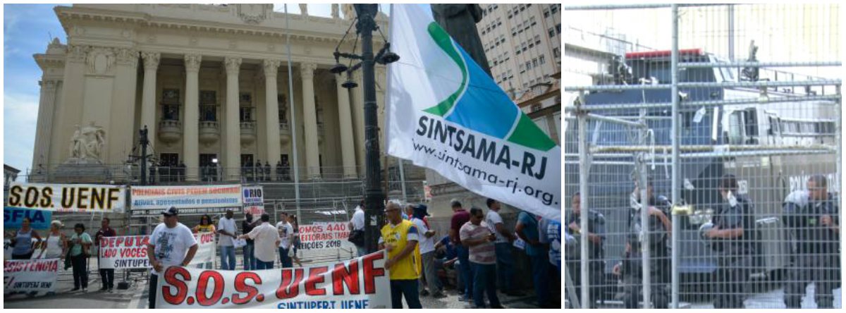 Os deputados estaduais do Rio de Janeiro retomam os trabalhos e servidores voltaram a protestar em frente à Assembleia Legislativa (Alerj) contra o atraso de salários e o pacote de corte de gastos do governo estadual; servidores e funcionários da Companhia Estadual de Águas e Esgotos (Cedae) começaram a se concentrar em frente ao Palácio Tiradentes, sede do Legislativo estadual, e fecharam as pistas da Avenida Presidente Antônio Carlos, o que complica o trânsito na região (Foto: Leonardo Lucena) Os deputados estaduais do Rio de Janeiro retomam os trabalhos e servidores voltaram a protestar em frente à Assembleia Legislativa (Alerj) contra o atraso de salários e o pacote de corte de gastos do governo estadual; servidores e funcionários da Companhia Estadual de Águas e Esgotos (Cedae) começaram a se concentrar em frente ao Palácio Tiradentes, sede do Legislativo estadual, e fecharam as pistas da Avenida Presidente Antônio Carlos, o que complica o trânsito na região