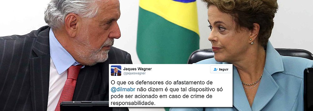"Enquanto muitos conspiram p/ chegar aonde as urnas ñ deixaram, nós seguiremos combatendo as tentativas de violação do processo democrático", postou o ministro Jaques Wagner, no Twitter; ele condenou também o cinismo dos que repetem a obviedade de que impeachment não é golpe por estar previsto na Constituição; "O que os defensores do afastamento de @dilmabr não dizem é que tal dispositivo só pode ser acionado em caso de crime de responsabilidade" (Foto: Leonardo Attuch) "Enquanto muitos conspiram p/ chegar aonde as urnas ñ deixaram, nós seguiremos combatendo as tentativas de violação do processo democrático", postou o ministro Jaques Wagner, no Twitter; ele condenou também o cinismo dos que repetem a obviedade de que impeachment não é golpe por estar previsto na Constituição; "O que os defensores do afastamento de @dilmabr não dizem é que tal dispositivo só pode ser acionado em caso de crime de responsabilidade"