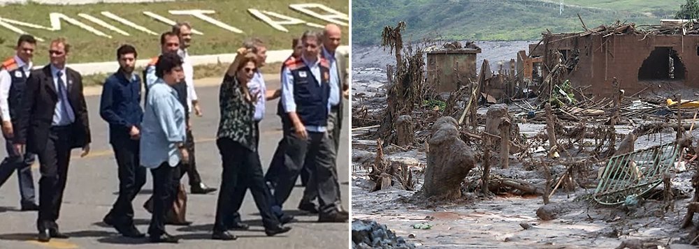 Com o objetivo de sobrevoar as áreas devastadas pelo rompimento de duas barragens no distrito de Bento Rodrigues, em Mariana, região central de Minas, a presidente Dilma Rousseff desembarcou no aeroporto da Pampulha, em Belo Horizonte; além do prefeito de Mariana, Duarte Júnior, devem acompanhar a presidente Dilma no sobrevoo o ministro da Integração Nacional, Gilberto Occhi, a ministra de Meio Ambiente, Izabella Teixeira, o governador de Minas, Fernando Pimentel, e o arcebispo de Mariana, dom Geraldo (Foto: Leonardo Lucena) Com o objetivo de sobrevoar as áreas devastadas pelo rompimento de duas barragens no distrito de Bento Rodrigues, em Mariana, região central de Minas, a presidente Dilma Rousseff desembarcou no aeroporto da Pampulha, em Belo Horizonte; além do prefeito de Mariana, Duarte Júnior, devem acompanhar a presidente Dilma no sobrevoo o ministro da Integração Nacional, Gilberto Occhi, a ministra de Meio Ambiente, Izabella Teixeira, o governador de Minas, Fernando Pimentel, e o arcebispo de Mariana, dom Geraldo