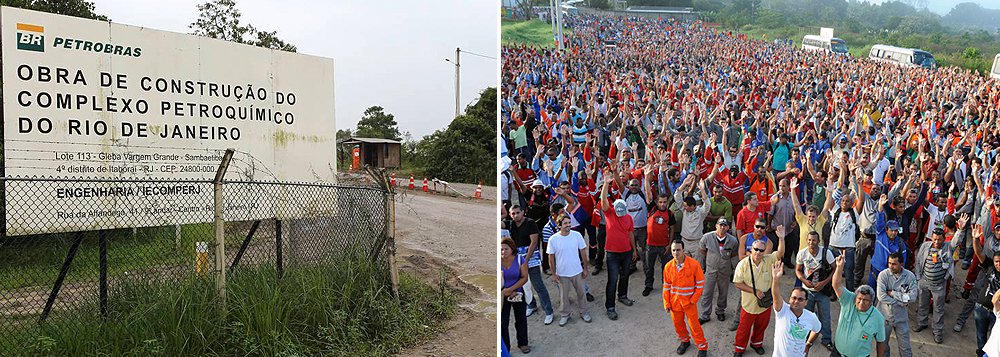 Formado pelas empresas Construtora Queiroz Galvão, Iesa Óleo & Gás e Tecna Brasil, o consórcio responsável pela construção das unidades de Processamento de Gás Natural (UPGNs) no Complexo Petroquímico da Petrobras (Comperj) informa em nota que foi forçado a demitir os trabalhadores “diante dos insustentáveis impactos sobre o contrato, decorrentes da crise econômica atual e de seus efeitos no câmbio e no mercado financeiro”; o grupo disse ainda que as negociações com a Petrobras continuam para a rápida retomada das atividades (Foto: Roberta Namour) Formado pelas empresas Construtora Queiroz Galvão, Iesa Óleo & Gás e Tecna Brasil, o consórcio responsável pela construção das unidades de Processamento de Gás Natural (UPGNs) no Complexo Petroquímico da Petrobras (Comperj) informa em nota que foi forçado a demitir os trabalhadores “diante dos insustentáveis impactos sobre o contrato, decorrentes da crise econômica atual e de seus efeitos no câmbio e no mercado financeiro”; o grupo disse ainda que as negociações com a Petrobras continuam para a rápida retomada das atividades