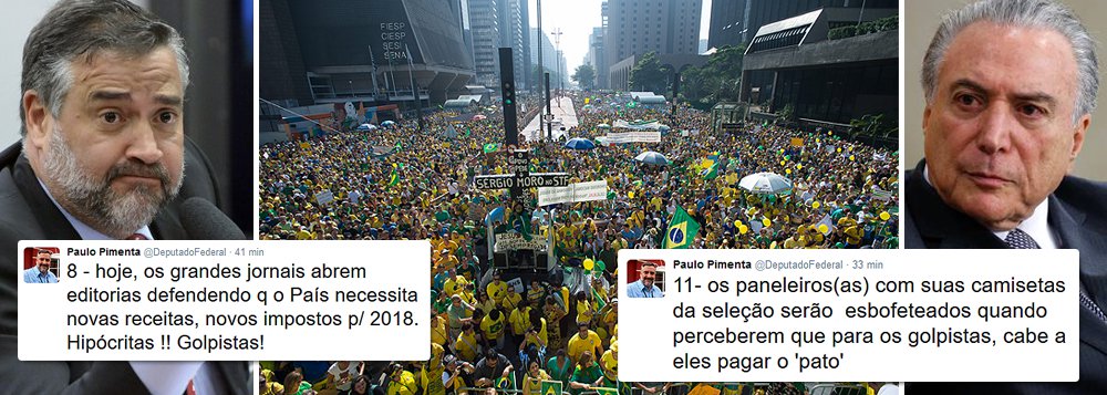 O deputado Paulo Pimenta (PT-RS) alerta: depois que quebrar o País, Michel Temer e Henrique Meirelles irão propor a volta da CPMF, em 2017, com alíquota de 0,5%; "os golpistas serão esbofeteados quando perceberam que terão que pagar o pato", diz ele; nesta quinta-feira, em editorial, a Folha de S. Paulo, que condenou o ajuste fiscal proposto pela presidente Dilma Rousseff e pelo então ministro Joaquim Levy, já defende novos impostos em 2017; "hipócritas", resume Pimenta (Foto: Leonardo Attuch) O deputado Paulo Pimenta (PT-RS) alerta: depois que quebrar o País, Michel Temer e Henrique Meirelles irão propor a volta da CPMF, em 2017, com alíquota de 0,5%; "os golpistas serão esbofeteados quando perceberam que terão que pagar o pato", diz ele; nesta quinta-feira, em editorial, a Folha de S. Paulo, que condenou o ajuste fiscal proposto pela presidente Dilma Rousseff e pelo então ministro Joaquim Levy, já defende novos impostos em 2017; "hipócritas", resume Pimenta