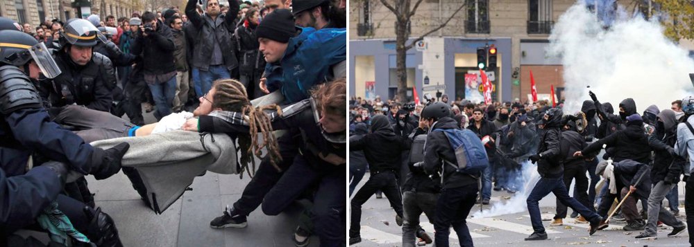 Polícia francesa deteve 208 manifestantes no centro de Paris após diversos grupos violarem a proibição de manifestações na capital, em vigor desde os atentados terroristas do último dia 13; Marcha pelo Clima, que estava agendada para esta segunda-feira (30), foi cancelada por causa dos atentados que deixaram 130 mortos e 350 feridos; "Sabemos que existiam elementos perturbadores que nada têm a ver com os ambientalistas", disse o presidente francês, François Hollande, ao comentar o episódio (Foto: Paulo Emílio) Polícia francesa deteve 208 manifestantes no centro de Paris após diversos grupos violarem a proibição de manifestações na capital, em vigor desde os atentados terroristas do último dia 13; Marcha pelo Clima, que estava agendada para esta segunda-feira (30), foi cancelada por causa dos atentados que deixaram 130 mortos e 350 feridos; "Sabemos que existiam elementos perturbadores que nada têm a ver com os ambientalistas", disse o presidente francês, François Hollande, ao comentar o episódio