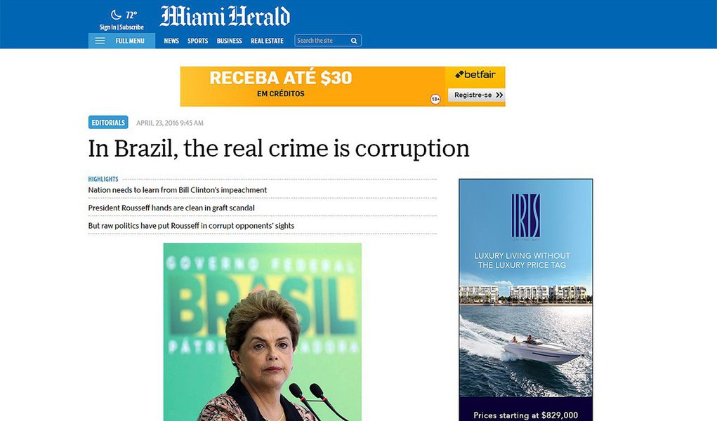 Mais um importante jornal dos EUA defende Dilma Rousseff e denuncia o impeachment como um instrumento político, que não deveria ser usado da forma como está sendo usado no Brasil; jornal lembra que Bill Clinton sofreu um impeachment da Câmara dos Deputados, mas o processo foi derrubado no Senado; enfatiza ainda que Dilma tem a ficha limpa, não está envolvida em nenhum escândalo, ao contrário de Eduardo Cunha, o deputado que presidiu a sessão do impeachment, e Michel Temer, que pretende ocupar seu lugar (Foto: Roberta Namour) Mais um importante jornal dos EUA defende Dilma Rousseff e denuncia o impeachment como um instrumento político, que não deveria ser usado da forma como está sendo usado no Brasil; jornal lembra que Bill Clinton sofreu um impeachment da Câmara dos Deputados, mas o processo foi derrubado no Senado; enfatiza ainda que Dilma tem a ficha limpa, não está envolvida em nenhum escândalo, ao contrário de Eduardo Cunha, o deputado que presidiu a sessão do impeachment, e Michel Temer, que pretende ocupar seu lugar