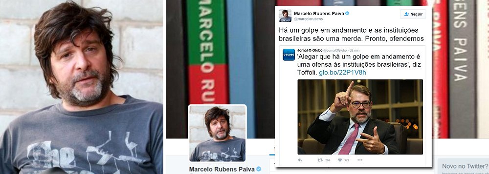Em resposta a uma declaração do ministro do STF Dias Toffoli, de que "alegar que há um golpe em andamento é uma ofensa às instituições brasileiras", o jornalista e escritor Marcelo Rubens Paiva afirmou, pelo Twitter: "Há um golpe em andamento e as instituições brasileiras são uma merda. Pronto, ofendemos" (Foto: Gisele Federicce) Em resposta a uma declaração do ministro do STF Dias Toffoli, de que "alegar que há um golpe em andamento é uma ofensa às instituições brasileiras", o jornalista e escritor Marcelo Rubens Paiva afirmou, pelo Twitter: "Há um golpe em andamento e as instituições brasileiras são uma merda. Pronto, ofendemos"