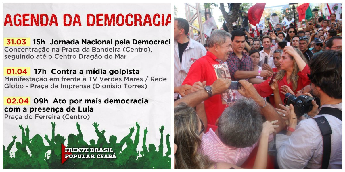 Quinta, sexta e sábado haverá mobilizações e ocupação das ruas de Fortaleza, organizadas pela Frente Brasil Popular. A vinda do ex-presidente Lula, no sábado, deverá ser o ponto alto das mobilizações desta semana (Foto: Fatima 247) Quinta, sexta e sábado haverá mobilizações e ocupação das ruas de Fortaleza, organizadas pela Frente Brasil Popular. A vinda do ex-presidente Lula, no sábado, deverá ser o ponto alto das mobilizações desta semana