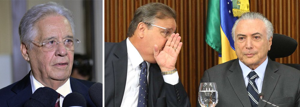 Embora o Brasil vivesse uma situação de pleno emprego, em 2014, e tivesse uma presidente honesta, chamada Dilma Rousseff, o ex-presidente Fernando Henrique Cardoso liberou o PSDB para vestir a camisa do golpismo; o resultado foi a maior recessão da história e um governo que desmorona eticamente; depois do estrago, FHC pede um voto de confiança em Michel Temer, não sem deixar de reconhecer a tragédia que ajudou a construir: "é frágil, mas é o que tem"
(Foto: Aquiles Lins)
Embora o Brasil vivesse uma situação de pleno emprego, em 2014, e tivesse uma presidente honesta, chamada Dilma Rousseff, o ex-presidente Fernando Henrique Cardoso liberou o PSDB para vestir a camisa do golpismo; o resultado foi a maior recessão da história e um governo que desmorona eticamente; depois do estrago, FHC pede um voto de confiança em Michel Temer, não sem deixar de reconhecer a tragédia que ajudou a construir: "é frágil, mas é o que tem"