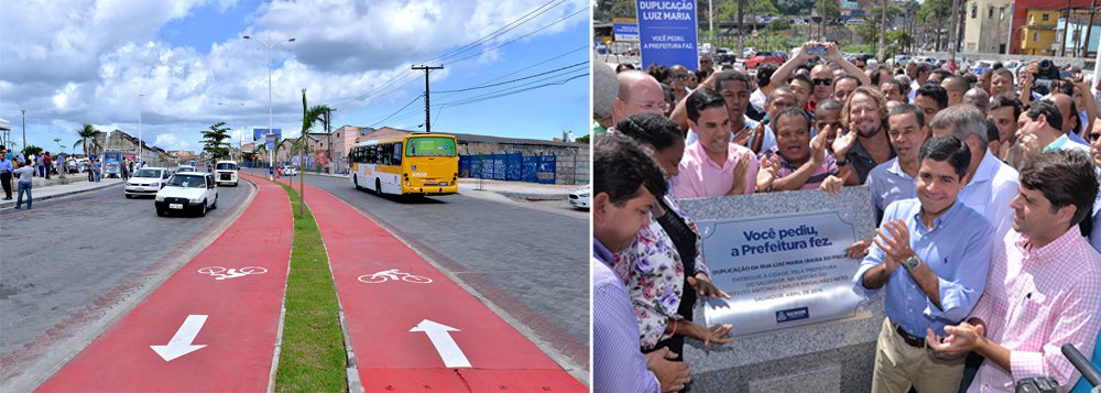 O prefeito ACM Neto inaugurou nesta quinta-feira (28) a nova Rua Luiz Maria, também conhecida como Baixa do Fiscal, na Avenida Suburbana; uma das principais vias de ligação entre o Subúrbio Ferroviário e o Centro da cidade, a rua foi entregue duplicada e requalificada como parte da programação de aniversário de 467 anos de Salvador; "Todos se lembram como era a via até essa obra. Era marcada por buracos, com problemas seriíssimos de drenagem e alagamentos constantes. A prefeitura decidiu fazer um projeto completo que resolve definitivamente o problema da Baixa do Fiscal e que, acima de tudo, embeleza essa área, dando mais conforto, segurança, mobilidade e melhorando a condição e a qualidade de vida das pessoas", disse ACM (Foto: Romulo Faro) O prefeito ACM Neto inaugurou nesta quinta-feira (28) a nova Rua Luiz Maria, também conhecida como Baixa do Fiscal, na Avenida Suburbana; uma das principais vias de ligação entre o Subúrbio Ferroviário e o Centro da cidade, a rua foi entregue duplicada e requalificada como parte da programação de aniversário de 467 anos de Salvador; "Todos se lembram como era a via até essa obra. Era marcada por buracos, com problemas seriíssimos de drenagem e alagamentos constantes. A prefeitura decidiu fazer um projeto completo que resolve definitivamente o problema da Baixa do Fiscal e que, acima de tudo, embeleza essa área, dando mais conforto, segurança, mobilidade e melhorando a condição e a qualidade de vida das pessoas", disse ACM