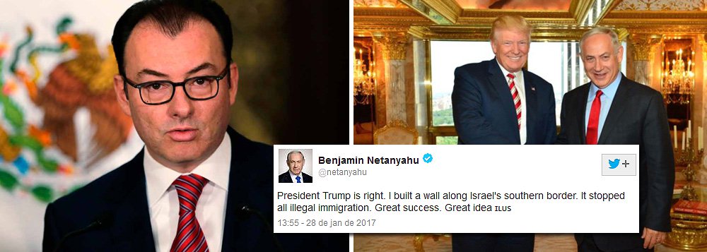 "O Ministério das Relações Exteriores expressa ao governo de Israel, através de seu embaixador no México, seu profundo espanto, rejeição e decepção com a mensagem do primeiro-ministro Netanyahu no Twitter sobre a construção de um muro de fronteira", afirmou o ministro das Relações Exteriores, Luis Videgaray, sobre o tweet do premiê israelense, que pareceu aplaudir o plano do presidente dos Estados Unidos, Donald Trump, de construir um muro de fronteira com o México para impedir a entrada de imigrantes ilegais (Foto: Aquiles Lins) "O Ministério das Relações Exteriores expressa ao governo de Israel, através de seu embaixador no México, seu profundo espanto, rejeição e decepção com a mensagem do primeiro-ministro Netanyahu no Twitter sobre a construção de um muro de fronteira", afirmou o ministro das Relações Exteriores, Luis Videgaray, sobre o tweet do premiê israelense, que pareceu aplaudir o plano do presidente dos Estados Unidos, Donald Trump, de construir um muro de fronteira com o México para impedir a entrada de imigrantes ilegais