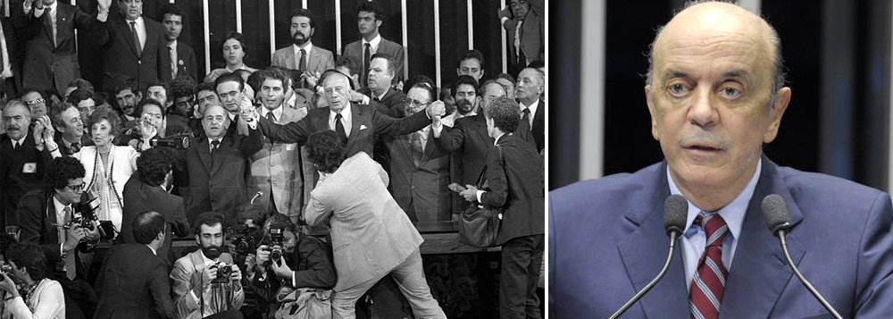 Senador José Serra (PSDB-SP), que participa da distribuição de cargos e da montagem de eventual governo Michel Temer, decidiu decretar, em artigo publicado nesta quinta-feira, o fim da Nova República, período iniciado com a redemocratização do País, após a eleição indireta de Tancredo Neves; "A Nova República acabou", diz Serra; "Os próximos meses, sendo otimista, ainda serão de incerteza e sacrifícios para um povo já sofrido. Virar esta página exigirá estabelecer um mínimo de confiança do povo nas instituições democráticas"; Serra, no entanto, não responde à questão: como confiar na democracia depois de um golpe que vem sendo denunciado no Brasil e no mundo? (Foto: Leonardo Attuch) Senador José Serra (PSDB-SP), que participa da distribuição de cargos e da montagem de eventual governo Michel Temer, decidiu decretar, em artigo publicado nesta quinta-feira, o fim da Nova República, período iniciado com a redemocratização do País, após a eleição indireta de Tancredo Neves; "A Nova República acabou", diz Serra; "Os próximos meses, sendo otimista, ainda serão de incerteza e sacrifícios para um povo já sofrido. Virar esta página exigirá estabelecer um mínimo de confiança do povo nas instituições democráticas"; Serra, no entanto, não responde à questão: como confiar na democracia depois de um golpe que vem sendo denunciado no Brasil e no mundo?