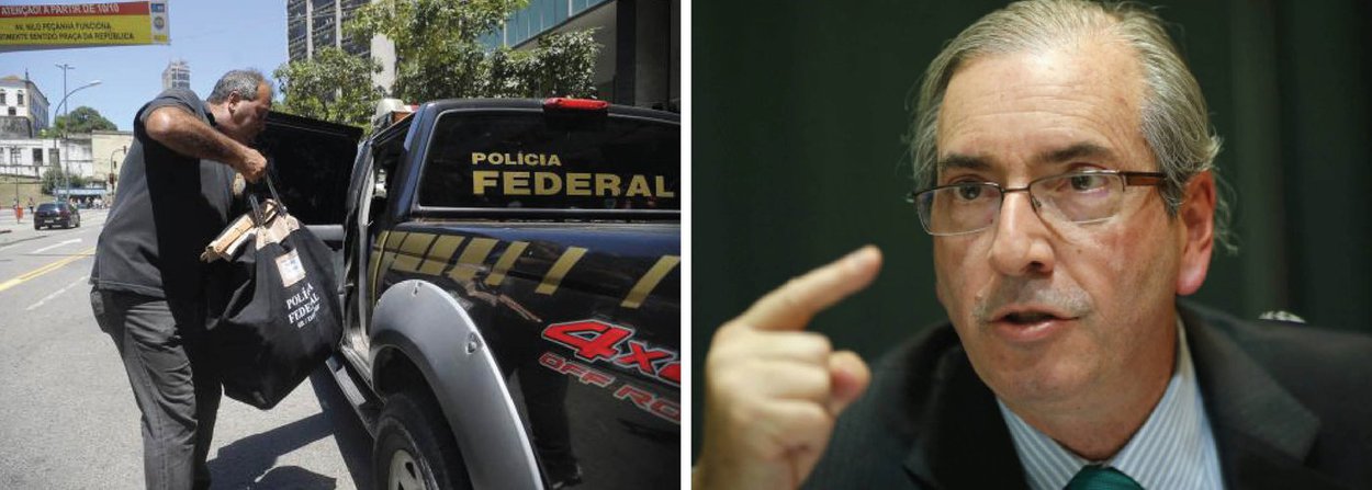 No escritório que o presidente da Câmara, Eduardo Cunha (PMDB) mantém no centro do Rio de Janeiro, agentes da Polícia Federal levaram um malote e uma caixa; na Operação Catilinária, a PF realizou buscas e apreensões na casa de Cunha no Rio e na residência oficial da presidência da Câmara em Brasília; o articulador do golpe contra a democracia é investigado por corrupção, lavagem de dinheiro e por receber suborno pela intermediação de contratos superfaturados; também responde processo por manter contas ilegais no exterior (Foto: Aquiles Lins) No escritório que o presidente da Câmara, Eduardo Cunha (PMDB) mantém no centro do Rio de Janeiro, agentes da Polícia Federal levaram um malote e uma caixa; na Operação Catilinária, a PF realizou buscas e apreensões na casa de Cunha no Rio e na residência oficial da presidência da Câmara em Brasília; o articulador do golpe contra a democracia é investigado por corrupção, lavagem de dinheiro e por receber suborno pela intermediação de contratos superfaturados; também responde processo por manter contas ilegais no exterior