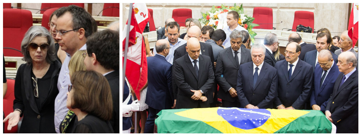 A presidente do Supremo Tribunal Federal, Cármen Lúcia, não se deixou fotografar ao lado de Michel Temer no velório do ex-ministro Teori Zavascki, que faleceu num misterioso acidente aéreo na última quinta-feira; ao participar do funeral, ela só permitiu registros de suas imagens depois da saída de Temer e seus acompanhantes; Temer, que foi delatado pela Odebrecht por ter pedido R$ 10 milhões à empreiteira, foi ao velório acompanhado de José Serra, delatado por receber R$ 23 milhões, e Eliseu Padilha, que chegou a afirmar que o governo "ganhou tempo" com a morte do ministro do STF; tensão entre os poderes atinge seu ponto mais agudo desde o golpe contra a presidente Dilma Rousseff; OAB defende que Cármen Lúcia homologue todas as delações, como forma de honrar a memória de Teori (Foto: Leonardo Attuch) A presidente do Supremo Tribunal Federal, Cármen Lúcia, não se deixou fotografar ao lado de Michel Temer no velório do ex-ministro Teori Zavascki, que faleceu num misterioso acidente aéreo na última quinta-feira; ao participar do funeral, ela só permitiu registros de suas imagens depois da saída de Temer e seus acompanhantes; Temer, que foi delatado pela Odebrecht por ter pedido R$ 10 milhões à empreiteira, foi ao velório acompanhado de José Serra, delatado por receber R$ 23 milhões, e Eliseu Padilha, que chegou a afirmar que o governo "ganhou tempo" com a morte do ministro do STF; tensão entre os poderes atinge seu ponto mais agudo desde o golpe contra a presidente Dilma Rousseff; OAB defende que Cármen Lúcia homologue todas as delações, como forma de honrar a memória de Teori