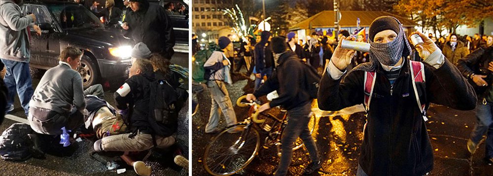 Milhares de manifestantes americanos foram às ruas protestar contra a eleição de Donald Trump pela terceira noite consecutiva; na madrugada deste sábado, 12, uma pessoa foi baleada em Portland, Oregon; mais cedo, manifestantes bloquearam o tráfego e atiraram objetos contra a polícia de choque de Portland, que respondeu com gás de pimenta e bombas de efeito moral (Foto: Aquiles Lins) Milhares de manifestantes americanos foram às ruas protestar contra a eleição de Donald Trump pela terceira noite consecutiva; na madrugada deste sábado, 12, uma pessoa foi baleada em Portland, Oregon; mais cedo, manifestantes bloquearam o tráfego e atiraram objetos contra a polícia de choque de Portland, que respondeu com gás de pimenta e bombas de efeito moral