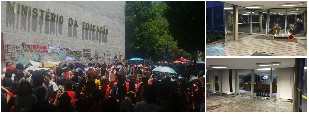 Um grupo de manifestantes ocupou, nesta terça-feira 29, o Ministério da Educação pedindo a saída de Michel Temer; os manifestantes também protestam contra a PEC 55, que congela os investimentos em educação pelos próximos vinte anos, e a medida provisória do ensino médio; a sede do MEC chegou a ser ocupada pelo grupo (Foto: Gisele Federicce) Um grupo de manifestantes ocupou, nesta terça-feira 29, o Ministério da Educação pedindo a saída de Michel Temer; os manifestantes também protestam contra a PEC 55, que congela os investimentos em educação pelos próximos vinte anos, e a medida provisória do ensino médio; a sede do MEC chegou a ser ocupada pelo grupo