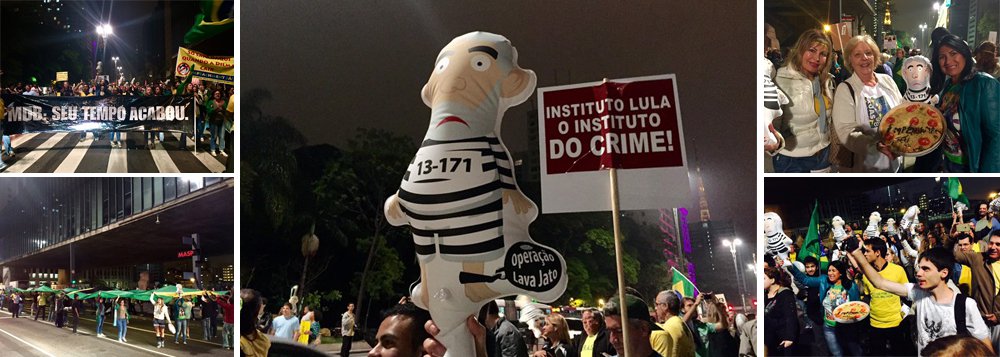 Com cartazes e bonecos infláveis que retratam o ex-presidente Lula, grupo reduzido de manifestantes se concentraram em frente ao Museu de Arte de São Paulo (Masp); segundo Paulo Batista, do Movimento 15 de Março, "a saída da presidente é um desejo da maioria da população"; a representante do movimento Endireita Brasil, Patrícia Bueno, disse que a indignação do grupo é contra toda a corrupção, inclusive em relação às denúncias que envolvem o presidente da Câmara dos Deputados, Eduardo Cunha (PMDB-RJ), embora seu nome tenha sido poupado no protesto (Foto: Roberta Namour) Com cartazes e bonecos infláveis que retratam o ex-presidente Lula, grupo reduzido de manifestantes se concentraram em frente ao Museu de Arte de São Paulo (Masp); segundo Paulo Batista, do Movimento 15 de Março, "a saída da presidente é um desejo da maioria da população"; a representante do movimento Endireita Brasil, Patrícia Bueno, disse que a indignação do grupo é contra toda a corrupção, inclusive em relação às denúncias que envolvem o presidente da Câmara dos Deputados, Eduardo Cunha (PMDB-RJ), embora seu nome tenha sido poupado no protesto