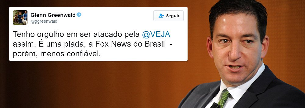 Pelo Twitter, o jornalista norte-americano Glenn Greenwald, do site The Intercept, ironizou a revista Veja depois que a publicação da editora Abril o acusou de ter “embarcado no discurso governista”; “Tenho orgulho de ser atacado pela Veja assim. É uma piada, a Fox News do Brasil – porém, menos confiável”, postou ele (Foto: Roberta Namour) Pelo Twitter, o jornalista norte-americano Glenn Greenwald, do site The Intercept, ironizou a revista Veja depois que a publicação da editora Abril o acusou de ter “embarcado no discurso governista”; “Tenho orgulho de ser atacado pela Veja assim. É uma piada, a Fox News do Brasil – porém, menos confiável”, postou ele