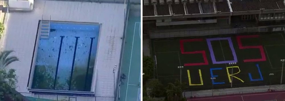 Em uma quadra esportiva ao lado da Universidade Estadual do Rio de Janeiro (Uerj) foi possível encontrar a mensagem "SOS UERJ", um apelo para a grave situação financeira da universidade; o início das aulas foi adiado duas vezes em consequência da crise no Estado do Rio e da falta de repasses para a instituição; as aulas estão previstas para recomeçarem no dia 30 de janeiro; a piscina da universidade está aparentemente abandonada, um perigo à proliferação de focos do Aedes Aegypti, que transmite doenças como a dengue, zika e chikungunya (Foto: Leonardo Lucena) Em uma quadra esportiva ao lado da Universidade Estadual do Rio de Janeiro (Uerj) foi possível encontrar a mensagem "SOS UERJ", um apelo para a grave situação financeira da universidade; o início das aulas foi adiado duas vezes em consequência da crise no Estado do Rio e da falta de repasses para a instituição; as aulas estão previstas para recomeçarem no dia 30 de janeiro; a piscina da universidade está aparentemente abandonada, um perigo à proliferação de focos do Aedes Aegypti, que transmite doenças como a dengue, zika e chikungunya