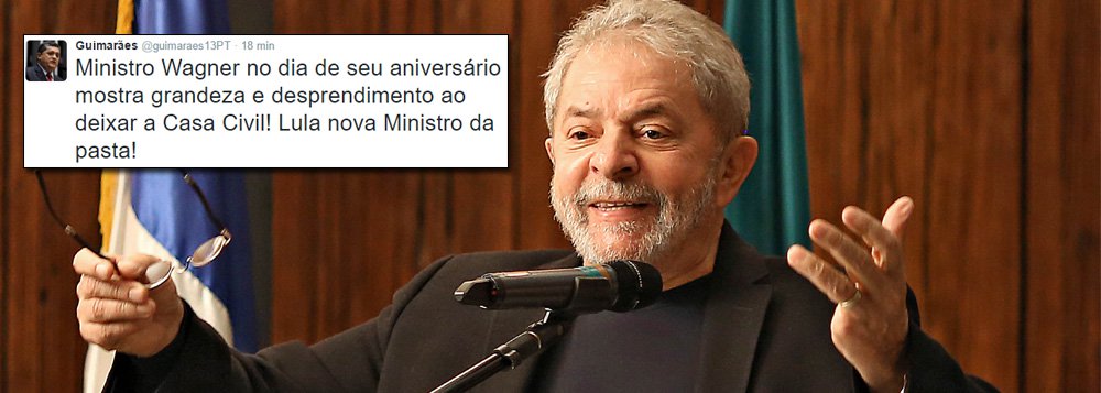 Após muita especulação e ansiedade, o ex-presidente acertou com a presidente Dilma Rousseff nesta quarta-feira para ser ministro da Casa Civil; Lula substituirá Jaques Wagner, que vai para a chefia de gabinete de Dilma; "Ministro Wagner no dia de seu aniversário mostra grandeza e desprendimento ao deixar a Casa Civil! Lula nova Ministro da pasta!", postou no Twitter o líder do governo na Câmara, José Guimarães (PT-CE); ideia é de que Lula também fique responsável pelo Conselhão; antes do anúncio, o ex-presidente se reuniu com Dilma por mais de quatro horas na noite desta terça no Palácio do Planalto, em Brasília; nesta manhã, os dois voltaram a conversar em café da manhã no Palácio do Alvorada; no governo, Lula terá a missão de reaglutinar os aliados do governo, sobretudo o PMDB (Foto: Gisele Federicce) Após muita especulação e ansiedade, o ex-presidente acertou com a presidente Dilma Rousseff nesta quarta-feira para ser ministro da Casa Civil; Lula substituirá Jaques Wagner, que vai para a chefia de gabinete de Dilma; "Ministro Wagner no dia de seu aniversário mostra grandeza e desprendimento ao deixar a Casa Civil! Lula nova Ministro da pasta!", postou no Twitter o líder do governo na Câmara, José Guimarães (PT-CE); ideia é de que Lula também fique responsável pelo Conselhão; antes do anúncio, o ex-presidente se reuniu com Dilma por mais de quatro horas na noite desta terça no Palácio do Planalto, em Brasília; nesta manhã, os dois voltaram a conversar em café da manhã no Palácio do Alvorada; no governo, Lula terá a missão de reaglutinar os aliados do governo, sobretudo o PMDB