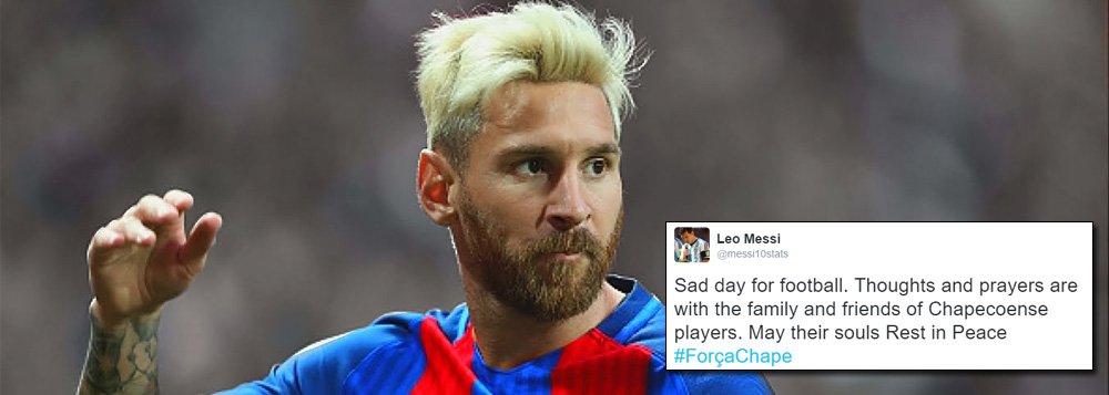 Argentino Leonel Messi lamentou o acidente que matou jogadores da Chapecoense, membros da comissão técnica e jornalistas brasileiros que viajavam para a Colômbia para a primeira partida da final da Taça Sul-americana; "Jogadores da Chapecoense comemorando a passagem para a final da Taça Sul-americana. Desolador. Que suas almas descansem em paz", escreveu Messi em sua conta no Twitter; cinco pessoas sobreviveram ao desastre, que ocorreu perto do aeroporto internacional de Medellín, e 76 morreram (Foto: Aquiles Lins) Argentino Leonel Messi lamentou o acidente que matou jogadores da Chapecoense, membros da comissão técnica e jornalistas brasileiros que viajavam para a Colômbia para a primeira partida da final da Taça Sul-americana; "Jogadores da Chapecoense comemorando a passagem para a final da Taça Sul-americana. Desolador. Que suas almas descansem em paz", escreveu Messi em sua conta no Twitter; cinco pessoas sobreviveram ao desastre, que ocorreu perto do aeroporto internacional de Medellín, e 76 morreram