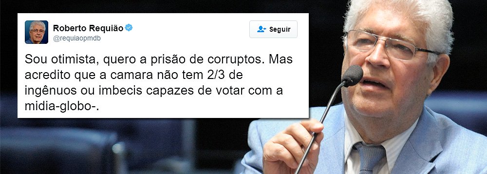 Senador Roberto Requião ainda acredita que o golpe não passará na Câmara: “Sou otimista, quero a prisão de corruptos. Mas acredito que a Câmara não tem 2/3 de ingênuos ou imbecis capazes de votar com a mídia-globo”, postou ele no Twitter; recentemente, ele divulgou uma carta aberta aos deputados federais e governadores, em que faz um duro alerta para o Brasil caso o impeachment da presidente Dilma Rousseff seja aprovado (Foto: Roberta Namour) Senador Roberto Requião ainda acredita que o golpe não passará na Câmara: “Sou otimista, quero a prisão de corruptos. Mas acredito que a Câmara não tem 2/3 de ingênuos ou imbecis capazes de votar com a mídia-globo”, postou ele no Twitter; recentemente, ele divulgou uma carta aberta aos deputados federais e governadores, em que faz um duro alerta para o Brasil caso o impeachment da presidente Dilma Rousseff seja aprovado