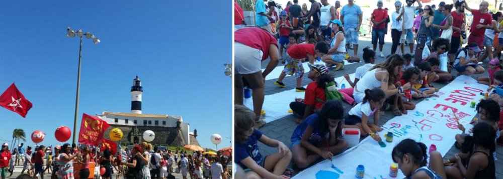 Famílias e representantes de movimentos sociais e centrais sindicais participaram no domingo (1º) no Farol da Barra, em Salvador, de manifestação pelo Dia do Trabalho e contra o impeachment da presidente Dilma Rousseff; o 'Ato Dos Trabalhadores Contra o Golpe' começou com a participação de crianças, na parte da manhã, que interagiram em rodas de capoeira, pintura e bambolê no espaço 'Brincança no Ato'; também para as crianças foi distribuída uma cartilha que explica o atual momento político brasileiro e o processo de impeachment, em linguagem infantil (Foto: Romulo Faro) Famílias e representantes de movimentos sociais e centrais sindicais participaram no domingo (1º) no Farol da Barra, em Salvador, de manifestação pelo Dia do Trabalho e contra o impeachment da presidente Dilma Rousseff; o 'Ato Dos Trabalhadores Contra o Golpe' começou com a participação de crianças, na parte da manhã, que interagiram em rodas de capoeira, pintura e bambolê no espaço 'Brincança no Ato'; também para as crianças foi distribuída uma cartilha que explica o atual momento político brasileiro e o processo de impeachment, em linguagem infantil