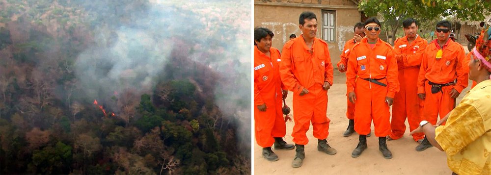 Índios e brigadistas do Centro Nacional de Prevenção e Combate aos Incêndios Florestais (Prevfogo) – ligado ao Ibama – e da Força Aérea do Chile (FACh) continuam no trabalho de combate ao incêndio florestal na reserva indígena Arariboia, no Maranhão, que já dura mais de 40 dias; de acordo com o Ibama, dos 415 mil hectares, cerca de 45% (185 mil hectares) já foram queimados; ao todo, oito mil índios de 143 aldeias são ameaçados pelo incêndio (Foto: Leonardo Lucena) Índios e brigadistas do Centro Nacional de Prevenção e Combate aos Incêndios Florestais (Prevfogo) – ligado ao Ibama – e da Força Aérea do Chile (FACh) continuam no trabalho de combate ao incêndio florestal na reserva indígena Arariboia, no Maranhão, que já dura mais de 40 dias; de acordo com o Ibama, dos 415 mil hectares, cerca de 45% (185 mil hectares) já foram queimados; ao todo, oito mil índios de 143 aldeias são ameaçados pelo incêndio
