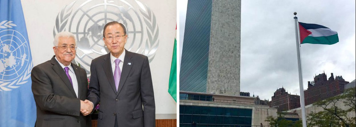 Em um momento histórico para o reconhecimento do Estado palestino, a bandeira local foi hasteada pela primeira vez na sede das Nações Unidas, em Nova York, com a presença do presidente Mahmud Abbas e do secretário-geral da ONU, Ban Ki-moon (Foto: Gisele Federicce) Em um momento histórico para o reconhecimento do Estado palestino, a bandeira local foi hasteada pela primeira vez na sede das Nações Unidas, em Nova York, com a presença do presidente Mahmud Abbas e do secretário-geral da ONU, Ban Ki-moon