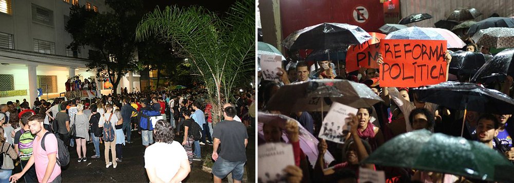 Estudantes fascistas arremessaram bombas contra alunos da Universidade Presbiteriana Mackenzie, que manifestavam pela democracia, contra o impeachment de Dilma Rousseff; o ato, intitulado “Mackenzistas contra o Golpe: A História Não se Repetirá!", ocorreu do lado de fora do campus da universidade, em frente ao prédio da antiga Faculdade de Filosofia, Ciências e Letras da Universidade de São Paulo (USP), local onde em 1968 ocorreu o episódio que ficou conhecido como a Batalha da Maria Antonia (Foto: Roberta Namour) Estudantes fascistas arremessaram bombas contra alunos da Universidade Presbiteriana Mackenzie, que manifestavam pela democracia, contra o impeachment de Dilma Rousseff; o ato, intitulado “Mackenzistas contra o Golpe: A História Não se Repetirá!", ocorreu do lado de fora do campus da universidade, em frente ao prédio da antiga Faculdade de Filosofia, Ciências e Letras da Universidade de São Paulo (USP), local onde em 1968 ocorreu o episódio que ficou conhecido como a Batalha da Maria Antonia