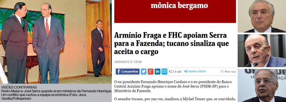 O ex-presidente Fernando Henrique Cardoso passou a defender, segundo informa a colunista Mônica Bergamo, que o senador José Serra assuma o Ministério da Fazenda num governo do vice-presidente Michel Temer; o curioso, no entanto, é que ele acaba de lançar um livro, chamado Diários da Presidência, em que explica por que sempre manteve Serra distante da Fazenda, nos oito anos em que foi presidente; "Eu lhe disse, com toda a franqueza, que só via duas maneiras de ele entrar para o Ministério da Fazenda: ou provocando uma crise, porque a sua entrada provocaria a crise, ou depois de uma crise, para solucionar um impasse”, escreveu FHC; Temer prefere Henrique Meirelles na Fazenda e Serra na Educação (Foto: Leonardo Attuch) O ex-presidente Fernando Henrique Cardoso passou a defender, segundo informa a colunista Mônica Bergamo, que o senador José Serra assuma o Ministério da Fazenda num governo do vice-presidente Michel Temer; o curioso, no entanto, é que ele acaba de lançar um livro, chamado Diários da Presidência, em que explica por que sempre manteve Serra distante da Fazenda, nos oito anos em que foi presidente; "Eu lhe disse, com toda a franqueza, que só via duas maneiras de ele entrar para o Ministério da Fazenda: ou provocando uma crise, porque a sua entrada provocaria a crise, ou depois de uma crise, para solucionar um impasse”, escreveu FHC; Temer prefere Henrique Meirelles na Fazenda e Serra na Educação