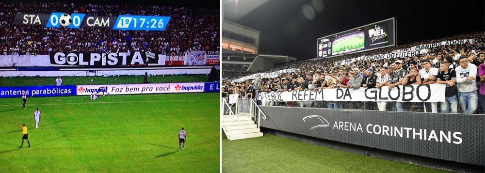 Torcida do Santa Cruz levantou faixa contra a "Globo golpista" durante partida contra o Campinense, pela final da copa do Nordeste, nesta quarta-feira; em noite de grande público no Arruda, o Tricolor bateu o time adversário por 2 a 1 e pode empatar no próximo domingo, em Campina Grande, para se sagrar campeão inédito do torneio regional (Foto: Roberta Namour) Torcida do Santa Cruz levantou faixa contra a "Globo golpista" durante partida contra o Campinense, pela final da copa do Nordeste, nesta quarta-feira; em noite de grande público no Arruda, o Tricolor bateu o time adversário por 2 a 1 e pode empatar no próximo domingo, em Campina Grande, para se sagrar campeão inédito do torneio regional