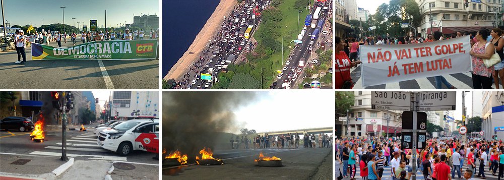 Cerca de cem manifestantes convocados pela CUT interditaram totalmente a Rodovia dos Imigrantes no início da manhã, próximo à cidade de Diadema, no sentido capital paulista; participantes dos protestos fecham vias com pneus queimados, como no caso da Av. Washington Luiz e da Marginal Tietê, também em São Paulo; há ainda protestos em várias outras capitais, como Vitória (ES), Porto Alegre (RS), Salvador (BA) e Maceió (AL) (Foto: Roberta Namour) Cerca de cem manifestantes convocados pela CUT interditaram totalmente a Rodovia dos Imigrantes no início da manhã, próximo à cidade de Diadema, no sentido capital paulista; participantes dos protestos fecham vias com pneus queimados, como no caso da Av. Washington Luiz e da Marginal Tietê, também em São Paulo; há ainda protestos em várias outras capitais, como Vitória (ES), Porto Alegre (RS), Salvador (BA) e Maceió (AL)