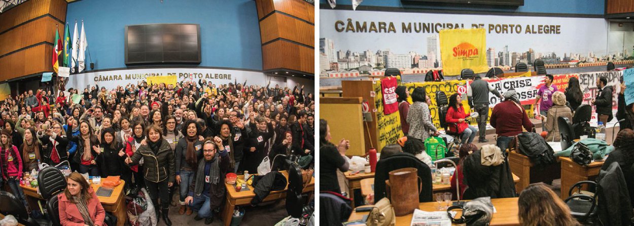 Os servidores municipais de Porto Alegre anunciaram que permanecerão ocupando o plenário da Câmara de Vereadores para pressionar a Prefeitura de Porto Alegre a melhorar a proposta de pagamento da reposição da inflação; em greve desde a semana passada, os municipários não aceitam a proposta atual do município, que é de pagar o reajuste em quatro parcelas, com a última agendada para janeiro de 2017; a categoria quer um reajuste salarial de 9,28%, equivalente à inflação dos últimos 12 meses medida pelo IPCA, e até admitem um parcelamento, desde que todo o reajuste seja pago este ano e a parcela maior seja efetuada retroativa a maio, data-base da categoria (Foto: Leonardo Lucena) Os servidores municipais de Porto Alegre anunciaram que permanecerão ocupando o plenário da Câmara de Vereadores para pressionar a Prefeitura de Porto Alegre a melhorar a proposta de pagamento da reposição da inflação; em greve desde a semana passada, os municipários não aceitam a proposta atual do município, que é de pagar o reajuste em quatro parcelas, com a última agendada para janeiro de 2017; a categoria quer um reajuste salarial de 9,28%, equivalente à inflação dos últimos 12 meses medida pelo IPCA, e até admitem um parcelamento, desde que todo o reajuste seja pago este ano e a parcela maior seja efetuada retroativa a maio, data-base da categoria