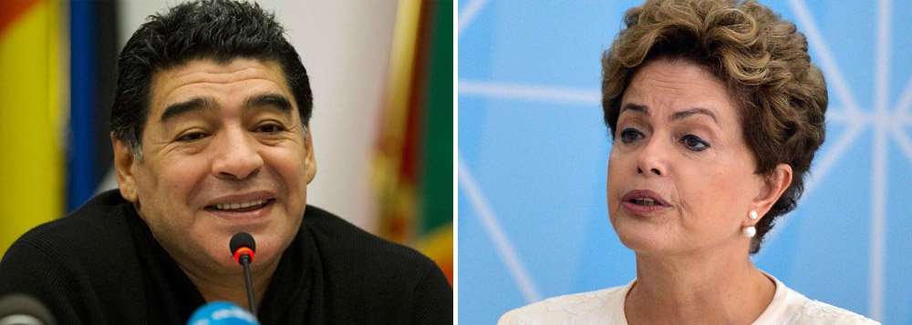 Ídolo eterno da seleção argentina, o craque aposentado Diego Maradona usou seu perfil no Facebook para declarar apoio à presidente Dilma Rousseff em sua luta contra a tentativa de golpe do PSDB e do presidente da Câmara dos Deputados, Eduardo Cunha; "Quero enviar o meu apoio à Sra. Presidenta Dilma Rousseff, meu coração está contigo", postou Maradona; Dilma compartilhou e agradeceu a mensagem do craque argentino em seu idioma: "Gracias" (Foto: Romulo Faro) Ídolo eterno da seleção argentina, o craque aposentado Diego Maradona usou seu perfil no Facebook para declarar apoio à presidente Dilma Rousseff em sua luta contra a tentativa de golpe do PSDB e do presidente da Câmara dos Deputados, Eduardo Cunha; "Quero enviar o meu apoio à Sra. Presidenta Dilma Rousseff, meu coração está contigo", postou Maradona; Dilma compartilhou e agradeceu a mensagem do craque argentino em seu idioma: "Gracias"