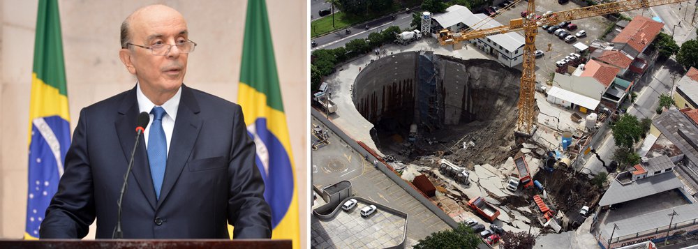 Dez anos depois do desabamento das obras da linha 4-amarela do Metrô de São Paulo, a serem completados nesta quinta-feira (12), ninguém foi responsabilizado pelo acidente que vitimou sete pessoas no local onde hoje está instalada a Estação Pinheiros; cratera gigantesca se abriu e engoliu, vias, casas, carros e pessoas; passados dez anos, a linha 4-amarela do Metrô de São Paulo ainda não foi totalmente concluída e entregue. Prevista para funcionar na Copa do Mundo de 2014, ainda faltam estações a serem terminadas; na época da tragédia o governador era o atual ministro das Relações Exteriores do Governo Michel Temer, José Serra (Foto: Paulo Emílio) Dez anos depois do desabamento das obras da linha 4-amarela do Metrô de São Paulo, a serem completados nesta quinta-feira (12), ninguém foi responsabilizado pelo acidente que vitimou sete pessoas no local onde hoje está instalada a Estação Pinheiros; cratera gigantesca se abriu e engoliu, vias, casas, carros e pessoas; passados dez anos, a linha 4-amarela do Metrô de São Paulo ainda não foi totalmente concluída e entregue. Prevista para funcionar na Copa do Mundo de 2014, ainda faltam estações a serem terminadas; na época da tragédia o governador era o atual ministro das Relações Exteriores do Governo Michel Temer, José Serra