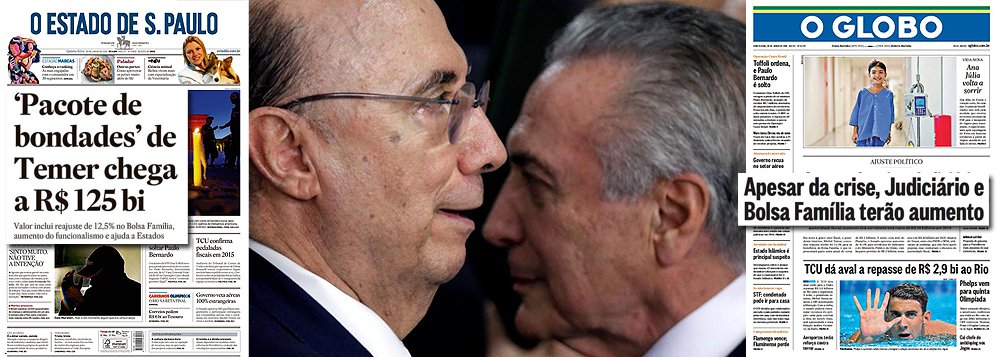 Veículos de comunicação que embalaram o impeachment como um processo para estancar o rombo fiscal que teria sido criado pela administração da presidente Dilma Rousseff já começam a se dar conta de que foram ludibriados; manchete do Estado de S. Paulo informa que o "pacote de bondades" de Michel Temer soma R$ 125 bilhões; Globo condena aumentos para o Judiciário e para o Bolsa Família "apesar da crise"; como Temer não pode aplicar sua "ponte para o futuro" enquanto é interino, ele gasta para agradar aliados e consolidar o impeachment no Senado – um processo que deixará uma conta de mais de R$ 100 bilhões; depois disso é que virão remédios amargos como a volta da CPMF e uma proposta de aposentadoria aos 70 anos para novas gerações (acima da expectativa de vida em vários estados do País) (Foto: Leonardo Attuch) Veículos de comunicação que embalaram o impeachment como um processo para estancar o rombo fiscal que teria sido criado pela administração da presidente Dilma Rousseff já começam a se dar conta de que foram ludibriados; manchete do Estado de S. Paulo informa que o "pacote de bondades" de Michel Temer soma R$ 125 bilhões; Globo condena aumentos para o Judiciário e para o Bolsa Família "apesar da crise"; como Temer não pode aplicar sua "ponte para o futuro" enquanto é interino, ele gasta para agradar aliados e consolidar o impeachment no Senado – um processo que deixará uma conta de mais de R$ 100 bilhões; depois disso é que virão remédios amargos como a volta da CPMF e uma proposta de aposentadoria aos 70 anos para novas gerações (acima da expectativa de vida em vários estados do País)