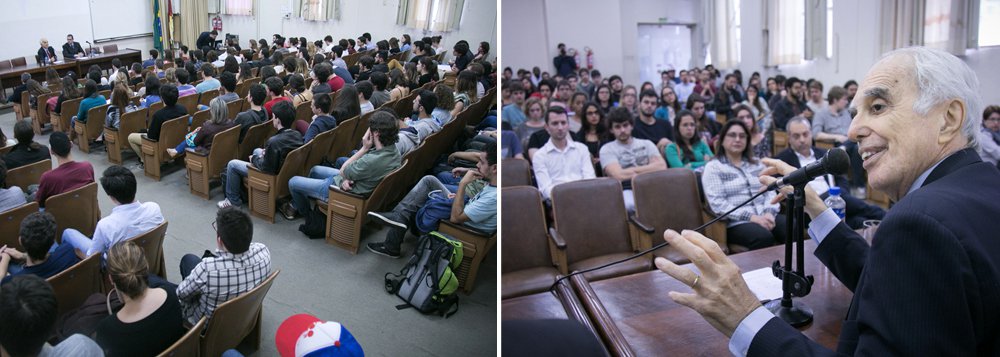 Ex-ministro da secretaria de Assuntos Estratégicos da Presidência da República (SAE) no governo Lula, o diplomata Samuel Pinheiro Guimarães afirmou, em palestra na UFRGS, que foi criada "uma propaganda extraordinária" de que não se pode aumentar mais impostos no País; segundo ele, diante da queda da receita, a política econômica interna "terá reflexos na externa"; "Nós estamos numa situação difícil que se agrega à China. A China que é um grande desafio"; o diplomata disse que o país asiático tem "gerado uma grande demanda de produtos primários”, mas precisa facilitar as importações para reerguer a indústria brasileira (Foto: Leonardo Lucena) Ex-ministro da secretaria de Assuntos Estratégicos da Presidência da República (SAE) no governo Lula, o diplomata Samuel Pinheiro Guimarães afirmou, em palestra na UFRGS, que foi criada "uma propaganda extraordinária" de que não se pode aumentar mais impostos no País; segundo ele, diante da queda da receita, a política econômica interna "terá reflexos na externa"; "Nós estamos numa situação difícil que se agrega à China. A China que é um grande desafio"; o diplomata disse que o país asiático tem "gerado uma grande demanda de produtos primários”, mas precisa facilitar as importações para reerguer a indústria brasileira