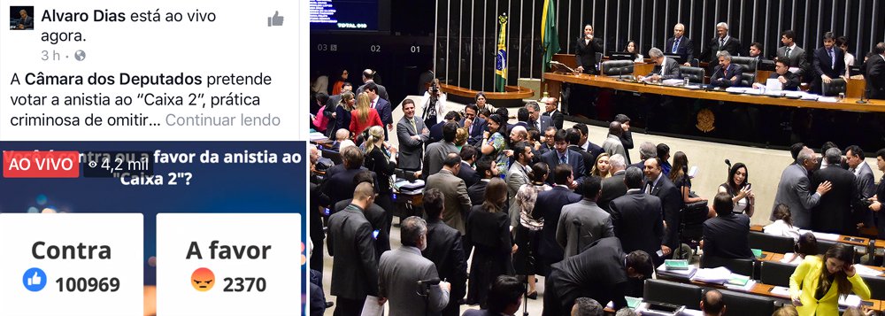 Enquete realizada pelo senador Alvaro Dias (PV) em seu Facebook questiona sobre a anistia ao caixa 2 eleitoral, que está para ser votado na Câmara; a pesquisa até às 19h desta quinta (24) mostrava mais de 100 mil pessoas contrárias à anistia enquanto apenas 2,3 mil se colocaram a favor (Foto: Valter Lima) Enquete realizada pelo senador Alvaro Dias (PV) em seu Facebook questiona sobre a anistia ao caixa 2 eleitoral, que está para ser votado na Câmara; a pesquisa até às 19h desta quinta (24) mostrava mais de 100 mil pessoas contrárias à anistia enquanto apenas 2,3 mil se colocaram a favor