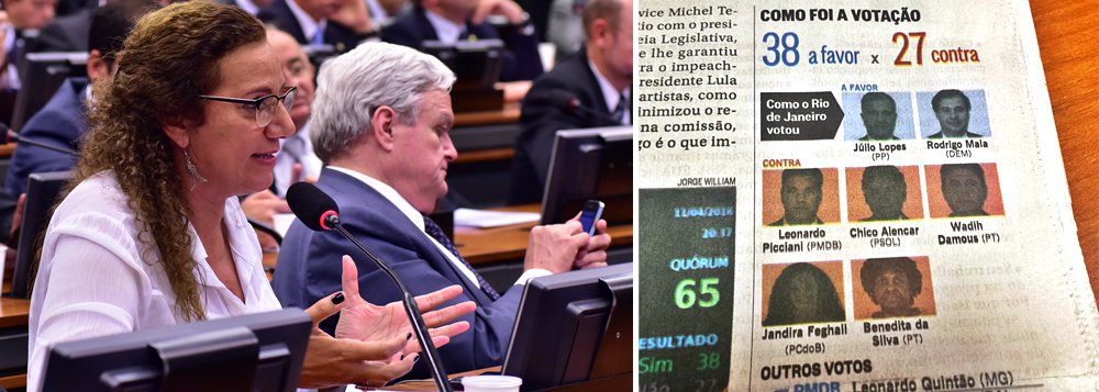 "O jornal O Globo acha que me intimida pondo meu nome na capa e mostrando meu voto. Votei consciente contra o golpe, sim!!", postou Jandira Feghali (PCdoB-RJ) em sua página no Facebook; a deputada teve a foto publicada na capa do jornal nesta terça como uma das integrantes da comissão especial que votou contra o afastamento da presidente Dilma (Foto: Gisele Federicce) "O jornal O Globo acha que me intimida pondo meu nome na capa e mostrando meu voto. Votei consciente contra o golpe, sim!!", postou Jandira Feghali (PCdoB-RJ) em sua página no Facebook; a deputada teve a foto publicada na capa do jornal nesta terça como uma das integrantes da comissão especial que votou contra o afastamento da presidente Dilma