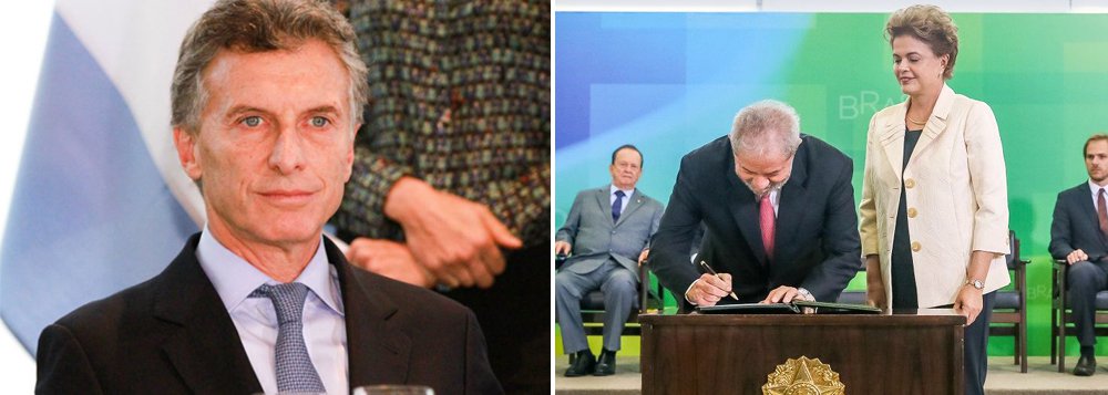 Ícone da nova direita latino-americana, o presidente argentino, Mauricio Macri, fez um posicionamento firme em defesa da legalidade e da democracia no Brasil; Macri disse que a decisão da presidente Dilma Rousseff de nomear Lula como ministro da Casa Civil "é válida", e destacou que Lula fortalece o governo Dilma; "Não cabe a segunda intenção, que não me consta", disse; nessa segunda-feira 21, a chanceler do governo argentino, Susana Malcorra, alertou que o Mercosul pode suspender o Brasil caso o impeachment passe (Foto: Aquiles Lins) Ícone da nova direita latino-americana, o presidente argentino, Mauricio Macri, fez um posicionamento firme em defesa da legalidade e da democracia no Brasil; Macri disse que a decisão da presidente Dilma Rousseff de nomear Lula como ministro da Casa Civil "é válida", e destacou que Lula fortalece o governo Dilma; "Não cabe a segunda intenção, que não me consta", disse; nessa segunda-feira 21, a chanceler do governo argentino, Susana Malcorra, alertou que o Mercosul pode suspender o Brasil caso o impeachment passe